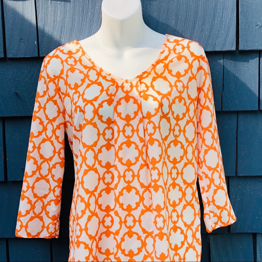 Orange & white patterns satin tunic top